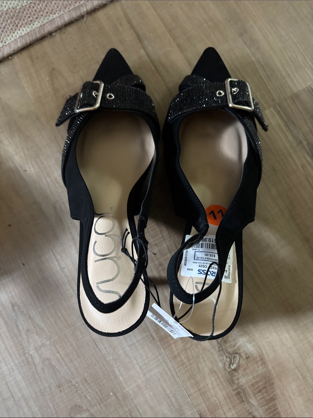 Sugar Black Pointed Slingback Heels with Glitter Buckle